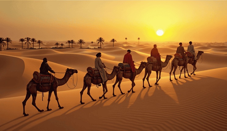 travelling in desert 1400years ago camel caravans of traders travelling in desert 1400years ago